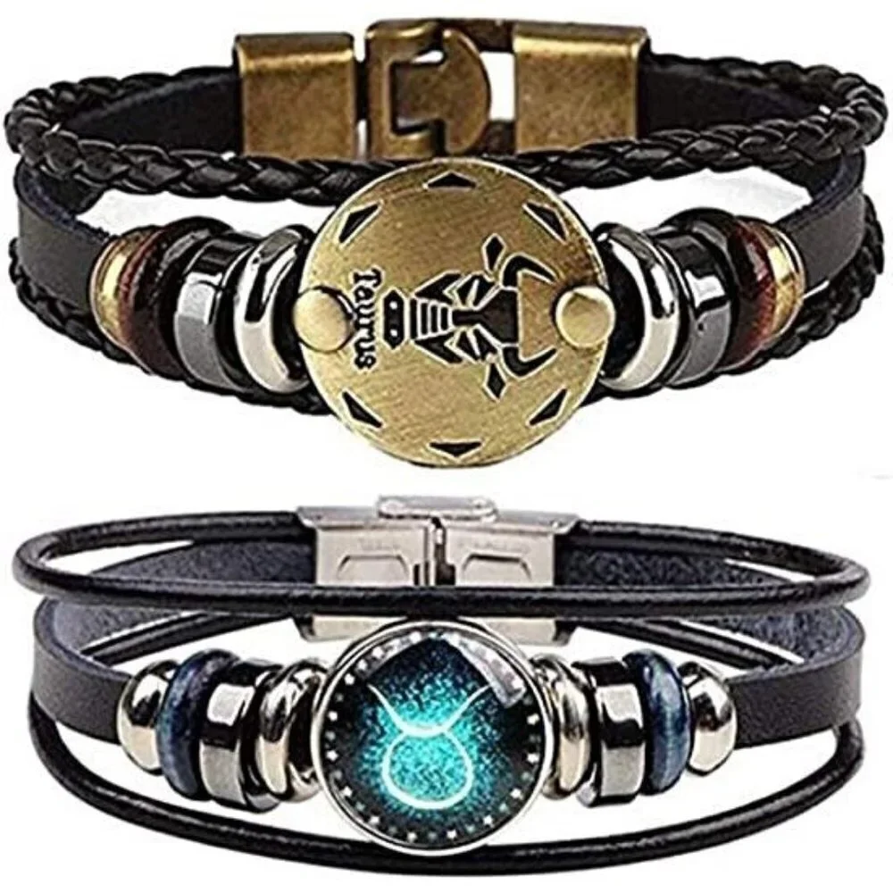 TAURUS Constellation Braided Rope Bracelet Punk Alloy Leather Bracelet
